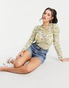 Asos Design All Over Ruched Long Sleeve Top In Yellow Floral-multi