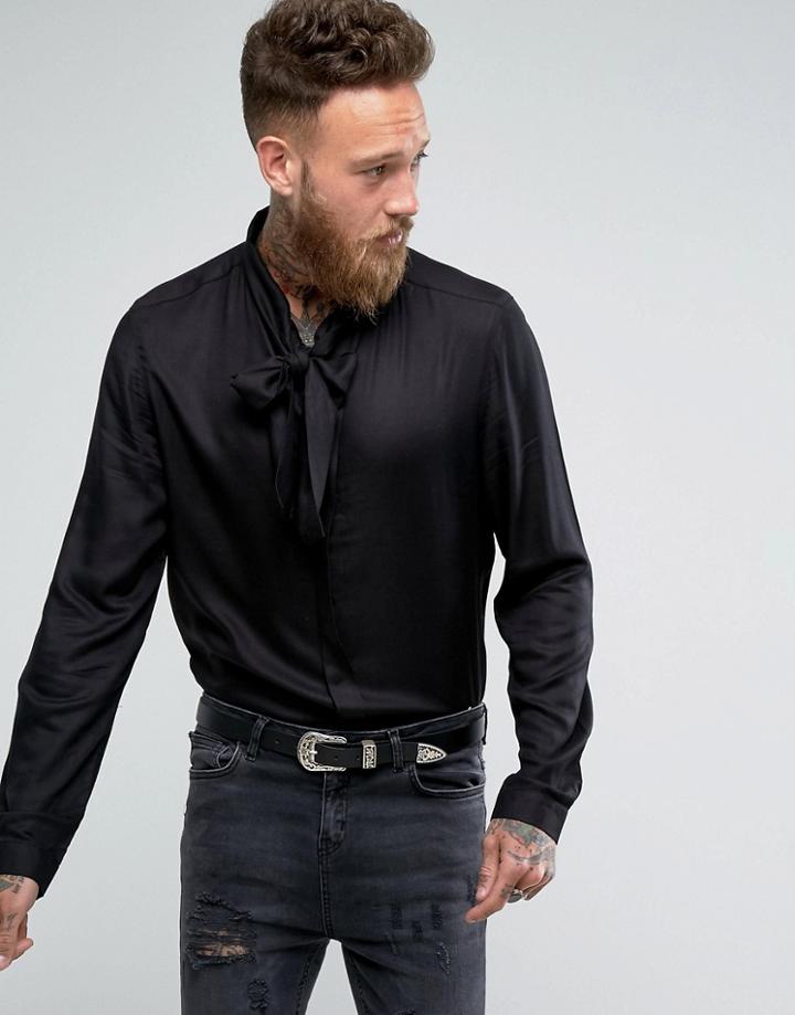 Asos Regular Fit Shirt With Pussy Bow - Black