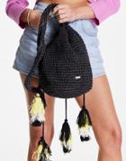 Nali Raffia Tassel Bucket Bag In Black