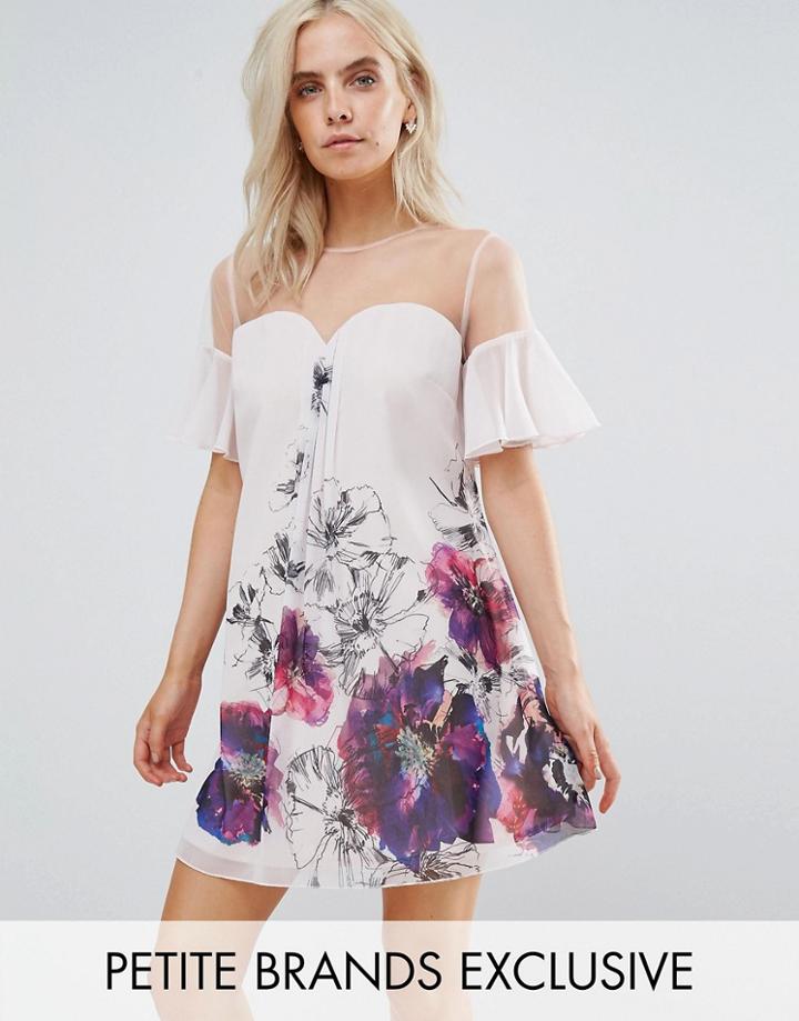 Little Mistress Petite Floral Printed Shift Dress With Fluted Sleeves - Multi