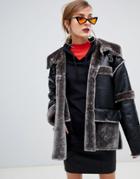 Story Of Lola Pu Aviator Jacket With Contrast Faux Fur Trim - Black