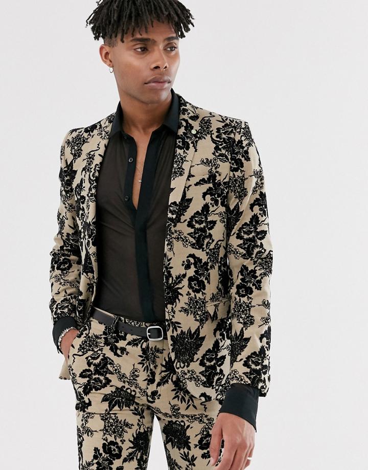 Twisted Tailor Super Skinny Suit Jacket With Floral Flocking In Tan