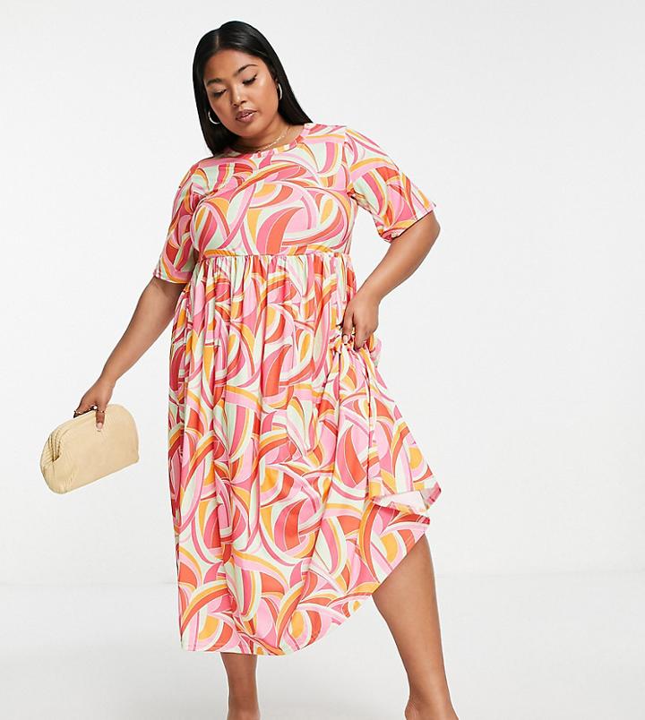 Yours Midi T-shirt Dress In Abstract Summer Print-pink