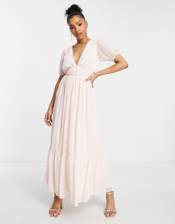 Miss Selfridge Textured Metallic Plunge Maxi Dress In Blush-pink