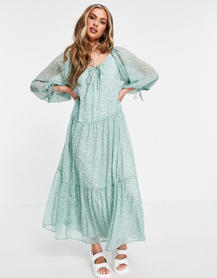 Asos Design Soft Tiered Maxi Dress In Sage Cute Print-multi