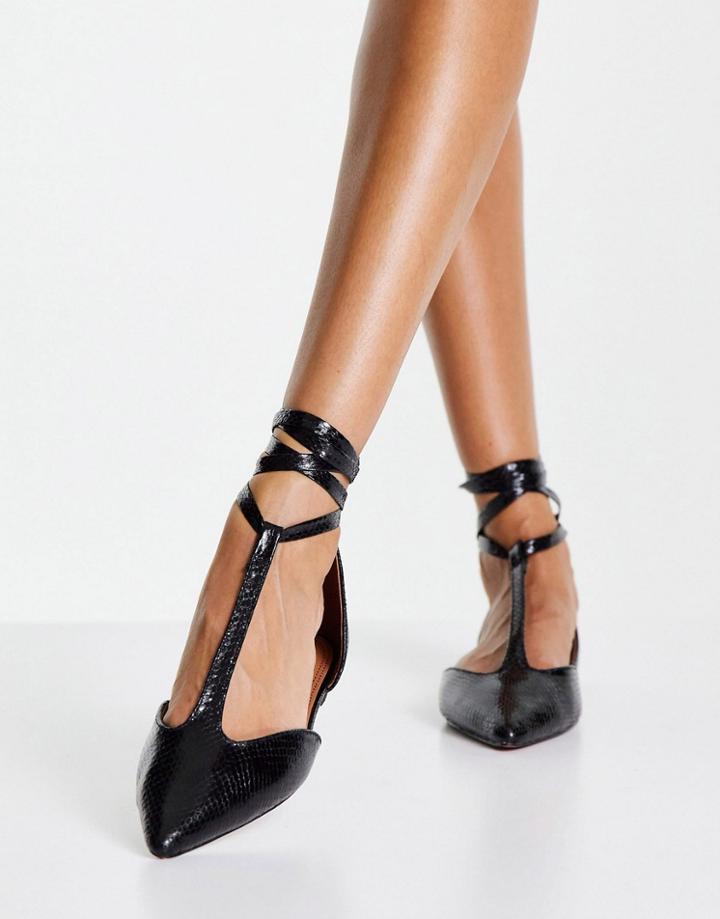 Asos Design Leaf T-bar Ballet Flats With Tie Leg In Black Snake