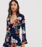 Parisian Tall Knot Front Romper In Navy Floral Print - Navy
