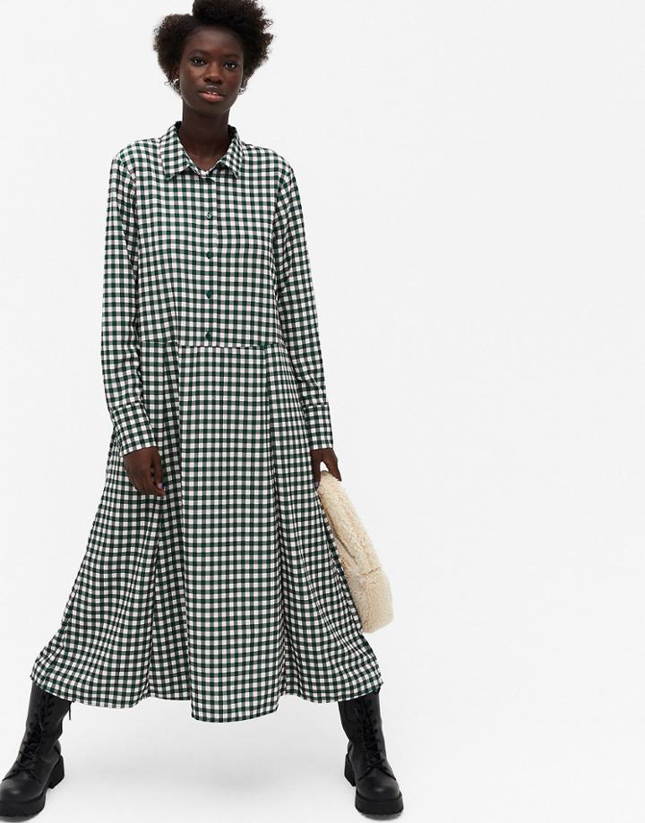 Monki Ada Gingham Print Midi Shirt Dress In Green