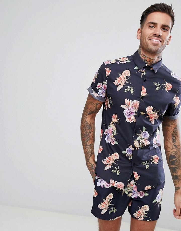 Asos Stretch Slim Shirt With Floral Print In Black - Black