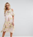 Asos Maternity Floral Cold Shoulder Frill Hem Midi Dress - Multi