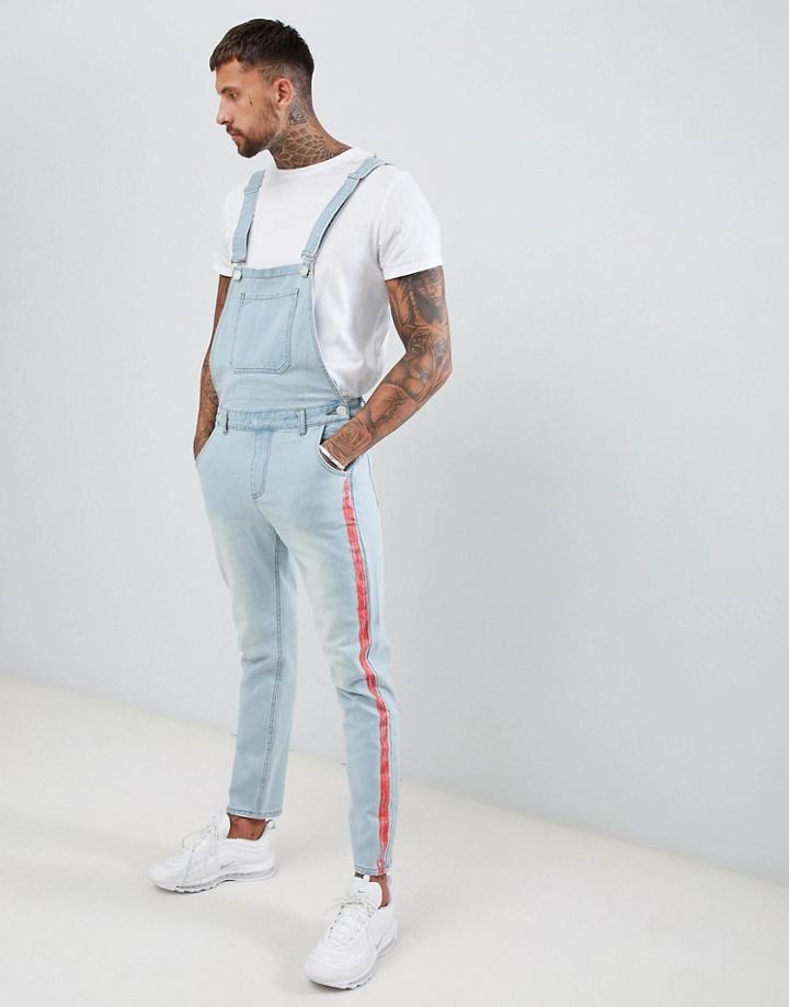 Boohooman Skinny Overalls With Side Stripe In Blue Wash - Blue