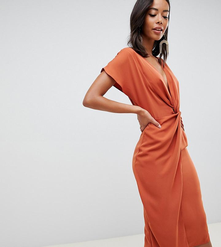 Asos Design Tall Twist Midi Dress With Kimono Sleeve - Red