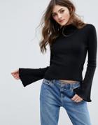 New Look Ribbed Flare Sleeve Sweater - Black