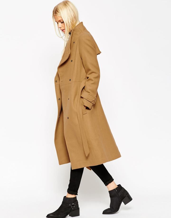 Asos Coat With Funnel Neck And Belt - Camel