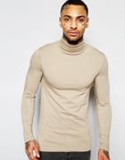 Asos Extreme Muscle Long Sleeve T-shirt With Roll Neck In Beige - Gray