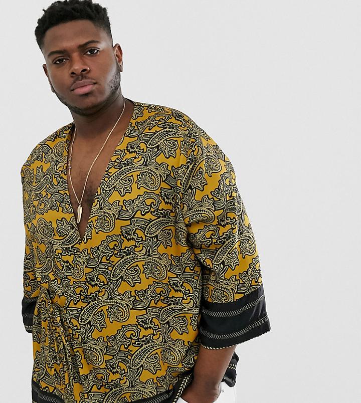 Asos Design Plus Paisley Kimono With Wrap Around Fastening In Mustard - Yellow