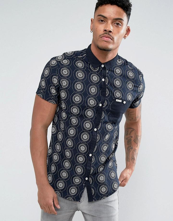 Soul Star Solid Placket Print Shirt - Navy