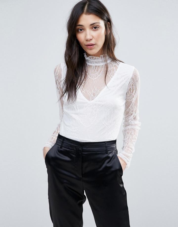 Vila Lace Detail High Neck Top - White