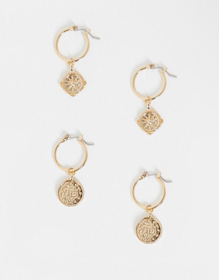 Pieces 2 Pack Coin Charm Hoops In Gold