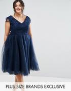 Chi Chi London Plus Flower Applique Dress With Tulle Skirt - Navy