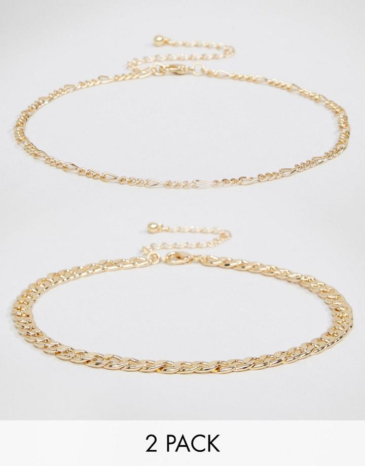 Asos Pack Of Two Fine Chain Choker Necklaces - Gold