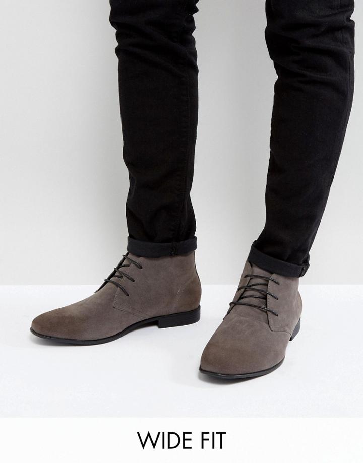 Asos Wide Fit Lace Up Chukka Boots In Gray Faux Suede - Gray