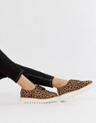 New Look Faux Suede Flatform Shoe In Animal Print - Stone