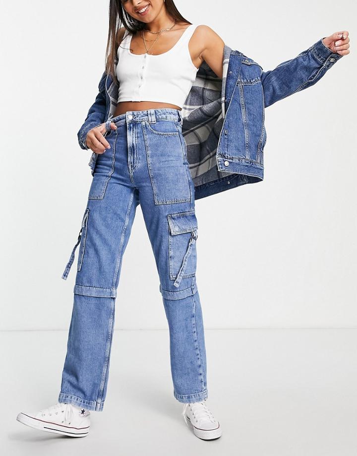 Bershka Cargo Pocket Detail Wide Leg Carpenter Jeans In Mid Blue