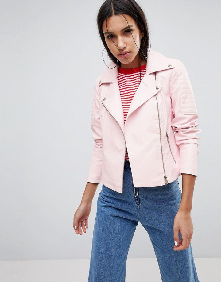 Noisy May Leather Look Biker Jacket - Pink