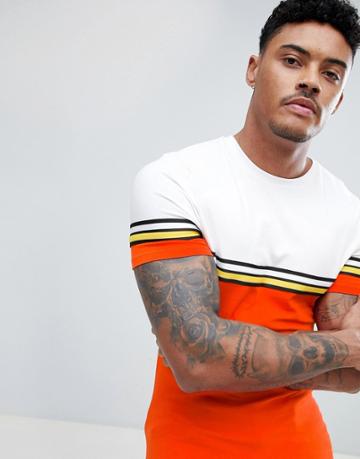 Asos Design Muscle Fit Longline T-shirt With Bright Color Block And Taping In Orange-red