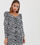 Asos Design Petite Off Shoulder Button Through Mini Dress With Long Sleeves In Animal Print - Multi