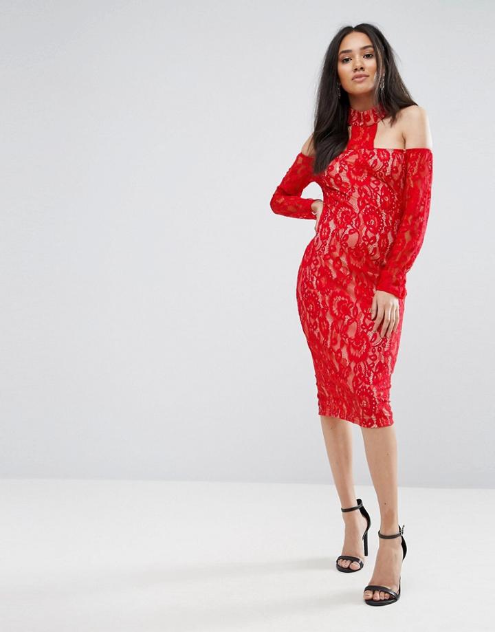 Ax Paris Red T-bar Lace Choker Midi Dress - Red