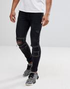 Asos Extreme Super Skinny Jeans In Washed Black With Knee Zips And Rips - Black