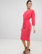 City Goddess Three Quarter Sleeved Midi Dress With Side Pleating Detail - Pink