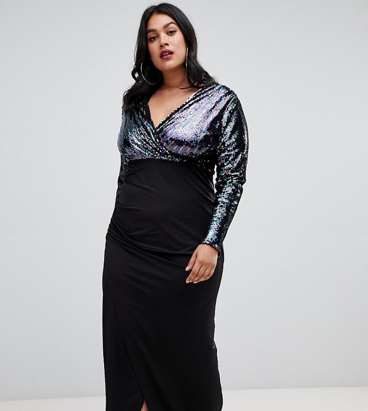 Outrageous Fortune Plus Sequin Plunge Front Midi Dress With Wrap Skirt In Contrast - Multi