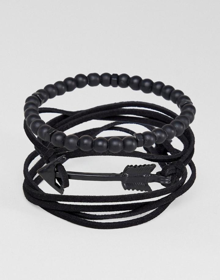 Asos Design Bracelet Pack With Coated Arrow In Black - Brown