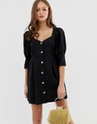 Asos Design Button Through Mini Skater Dress With Puff Sleeve - Black