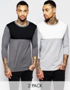 Asos Muscle 3/4 Sleeve T-shirt With Contrast Yoke 2 Pack - Gray