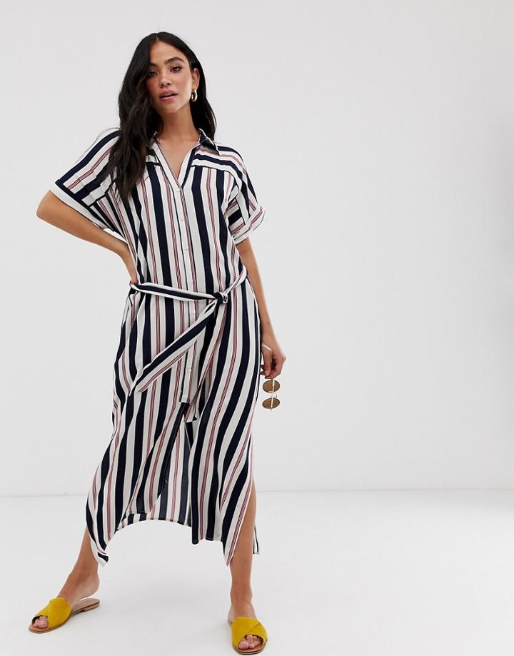 En Creme Midi Shirt Dress With Tie Waist In Tonal Stripe-multi