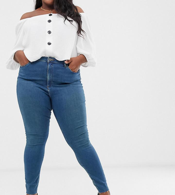 Asos Design Curve Ridley High Waist Skinny Jeans In Aged Wash Blue With Raw Hem Detail - Blue
