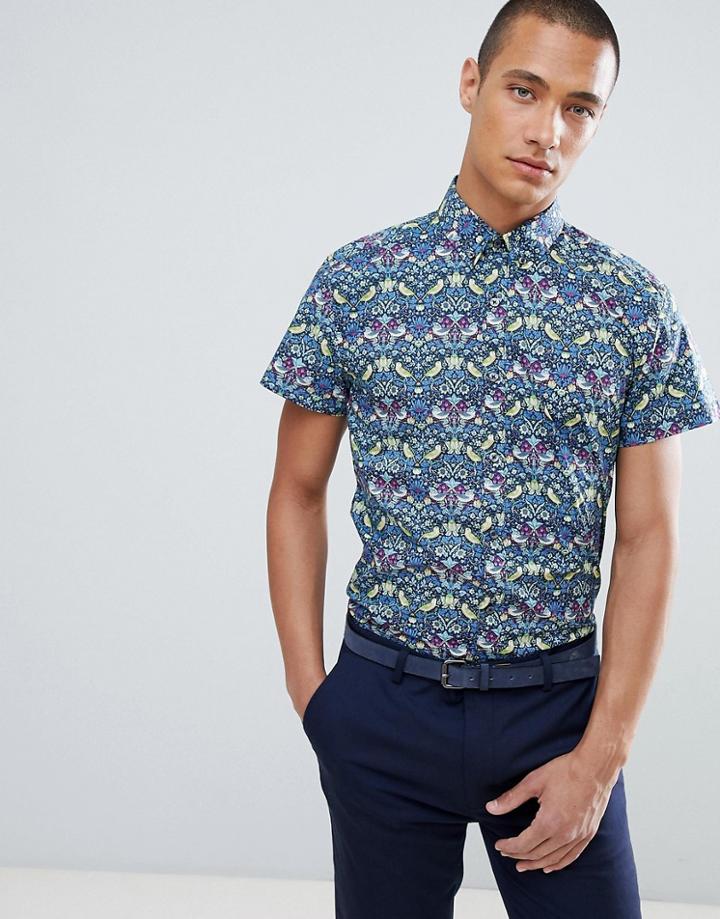 Clean Cut Small Forest Print Slim Fit Short Sleeve Shirt - Navy