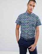 Clean Cut Small Forest Print Slim Fit Short Sleeve Shirt - Navy