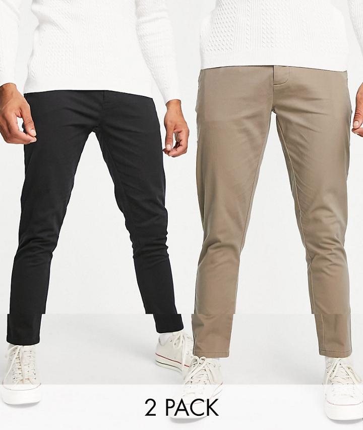 Asos Design 2 Pack Skinny Chinos In Washed Brown And Black Save-multi