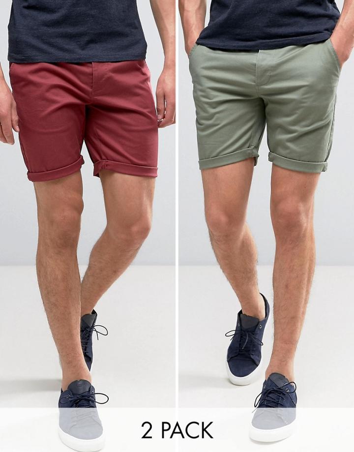 Asos 2 Pack Slim Chino Shorts In Berry & Light Green Save - Multi