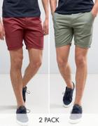 Asos 2 Pack Slim Chino Shorts In Berry & Light Green Save - Multi