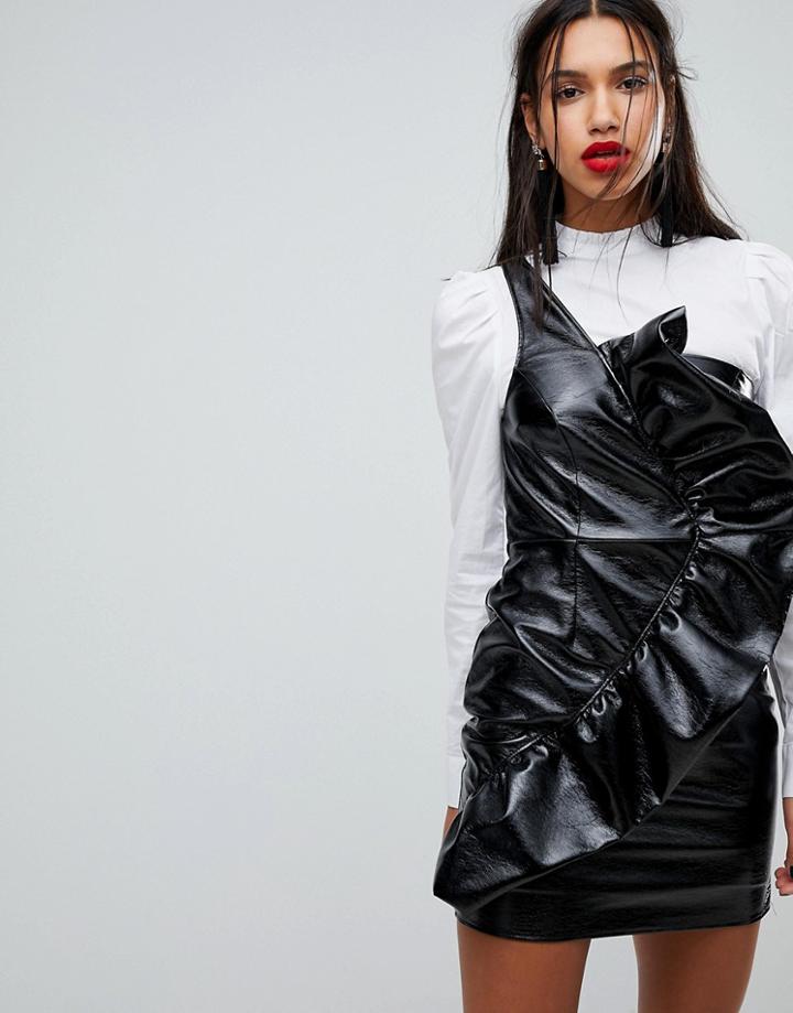 River Island Frill Side Bodycon Vinyl Mini Dress-black