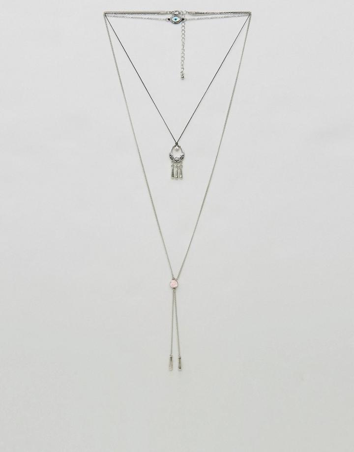 Asos Festival Charm Multirow Bolo Necklace - Silver