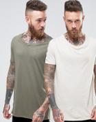Asos 2 Pack Super Longline T-shirt In Green/beige With Stretch Neck Save - Multi