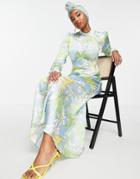 Asos Design High Neck Maxi Satin Tea Dress In Floral Print-multi