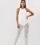 Starlet Halter Neck Sheer Embellished Jumpsuit In White Silver